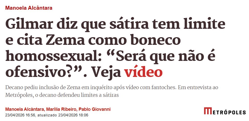 Para atacar <a href="/RomeuZema/">Romeu Zema</a>, só de ontem para hoje Gilmar Mendes partiu para:

-xenofobia
-homofobia

Ambos enquadrados na lei de racismo: inafiançável e imprescritível.

Mas o que não pode é sátira? 🤔