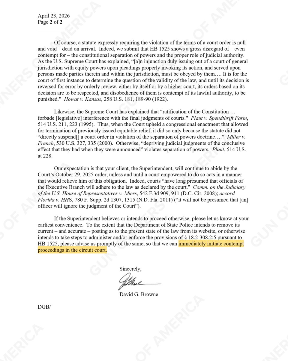 GunOwners's tweet photo. GOA and @VCDL_ORG put the state police on notice. If they attempt to enforce an unlawful background check, we will immediately initiate contempt proceedings.

Spanberger has no respect for the courts, but hopefully the state police do. https://t.co/7MB0WyzE4U