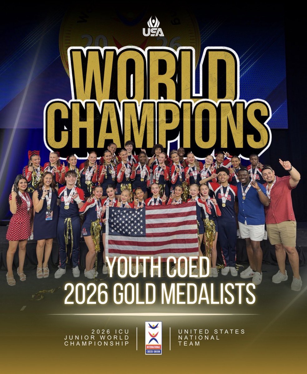 TheCheerHQ's tweet photo. Congratulations to Team USA YUCO 🇺🇸

2026 WORLD CHAMPIONS 🥇🌎 https://t.co/IbaJXqTzRp