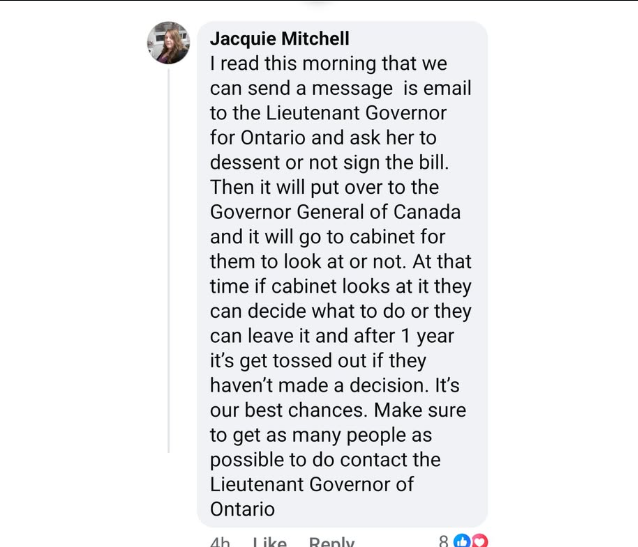 #Onpoli #OntariansStandTogether 
We must do this everyone! Contact the Lieutenant Governor of Ontario to ask her to dissent or not sign bill 97
lgontario.ca/?fbclid=IwY2xj…