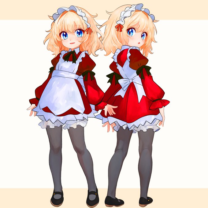 おはようございます 今日のマリーちゃんコーデはえんじ色のエプロンドレス+ ヘッドドレス+ドロワーズ+黒タイツ+メリージェーンです ドレスの裾からドロワーズがチラチラ見えてるの…いいよね(すき)