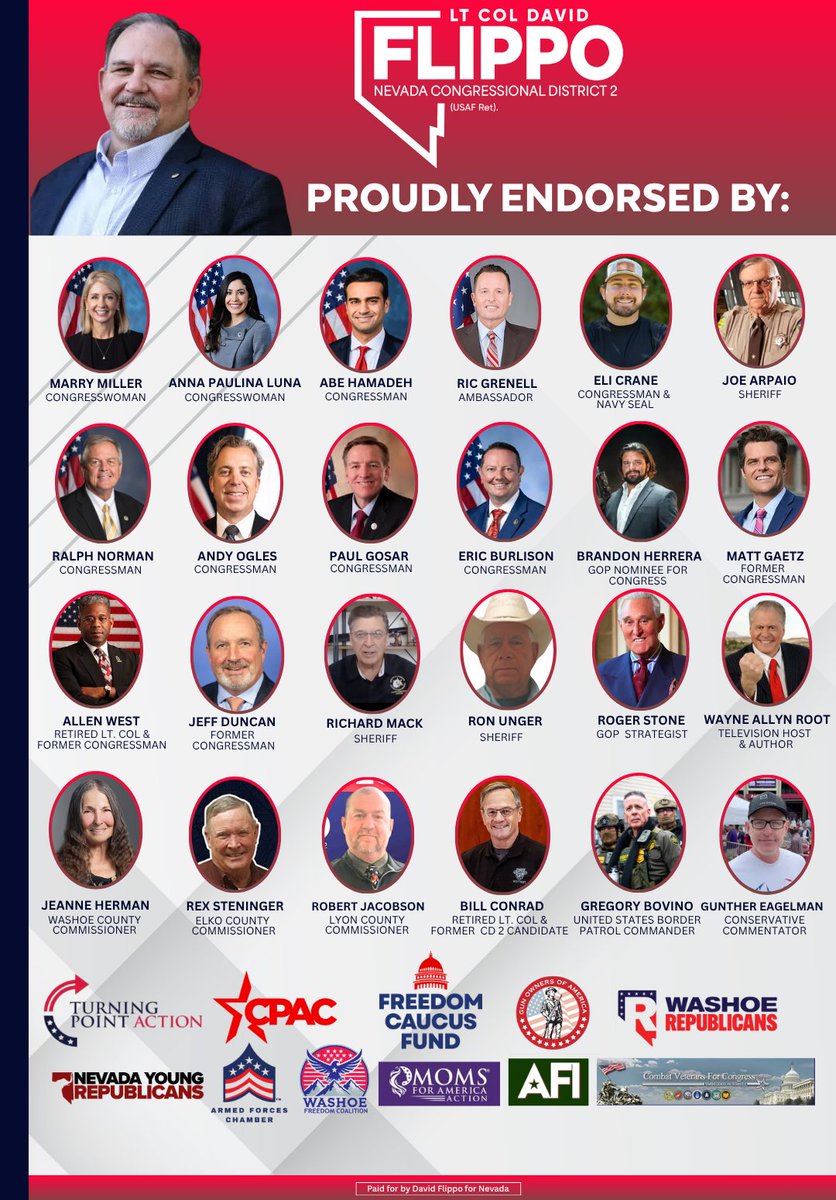 The strongest coalition of America First Conservatives  🇺🇸

Members of Congress, Sheriffs, a U.S. Ambassador, County Commissioners, the largest county party in the district, and the largest conservative organizations in the United States are behind our campaign.