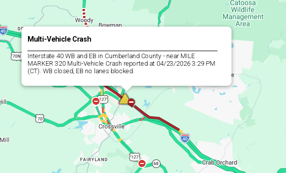 LiveTraffic2's tweet image. Cumberland County/Crossville Area- A crash being cleared on I-40 westbound at 320 mm 4:22pm CT. commanderchuck.net #CommanderChuck #Knoxville #Nashville #Tennessee #TDOT #Traffic #TrafficAlert #Follow #Weather