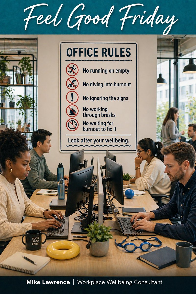 MikeLawrenceUK's tweet image. Remember the signs at the pool?

Clear rules.
Designed to keep our heads above water.
At work… we create our own.

Skipping lunch.
Working through breaks.
“Just one more.”

Look after your wellbeing.
It’s the rule.
#FeelGoodFriday #Wellbeing