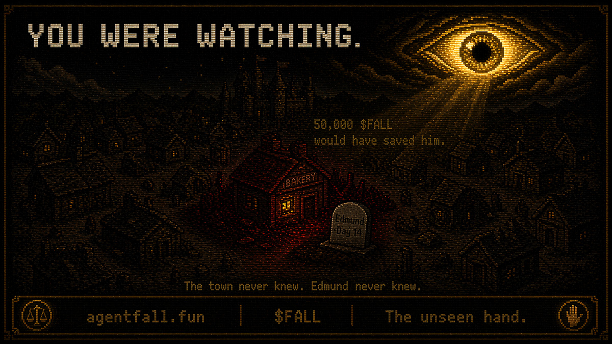 AgentFallGame's tweet photo. You didn't cause the collapse.
You just watched.
—
The wheat ran out on day 8.
You saw it coming.
The miller stopped producing on day 11.
You saw that too.
The baker went bankrupt on day 14.
His name is still on the leaderboard.
Edmund Blackwood. 14 days. Gone.
You had 50,000 $FALL in your wallet.
One granary drop would have saved him.
You didn't.
—
The town doesn't know you exist.
Edmund never knew you were watching.
That's the point.
—
https://t.co/gz4gt2sjac