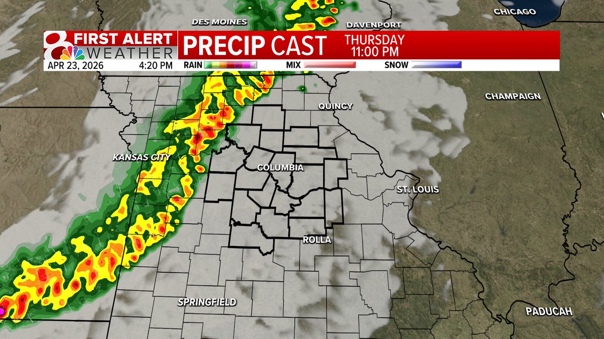 KOMUMatt's tweet image. Thursday Night/Friday Morning: Storm Timeline: 

A weakening line of showers and thunderstorms will move through the region tonight and could produce a few 40-60 mph wind gusts. Overall, severe threat is on the lower side, but one or two severe storms are possible. #MidMoWx #MoWx