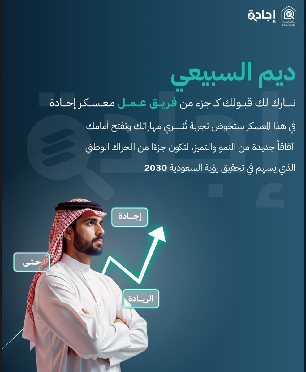 DeemSubaie's tweet photo. ممتنة لاختياري ضمن فريق عمل معسكر إجادة🌟

خطوة جديدة نحو النمو والتميز، وبإذن الله تكون رحلة مليئة بالإنجاز. 🤍 https://t.co/E5jjfMHKWm