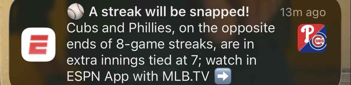So <a href="/espn/">ESPN</a> since the cubs won does that mean their sneak is snapped and have now won 9 consecutive games in a row? 

Your bias towards Chicago is in full spring bloom. Better title phrasing needed.