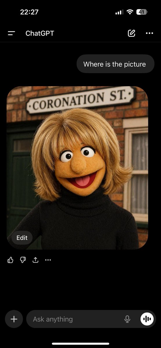 JamieAnthony_'s tweet photo. I hope everyone has had a great evening… here is a picture of Gail Platt from Corrie as a muppet. https://t.co/ErTepybuMs