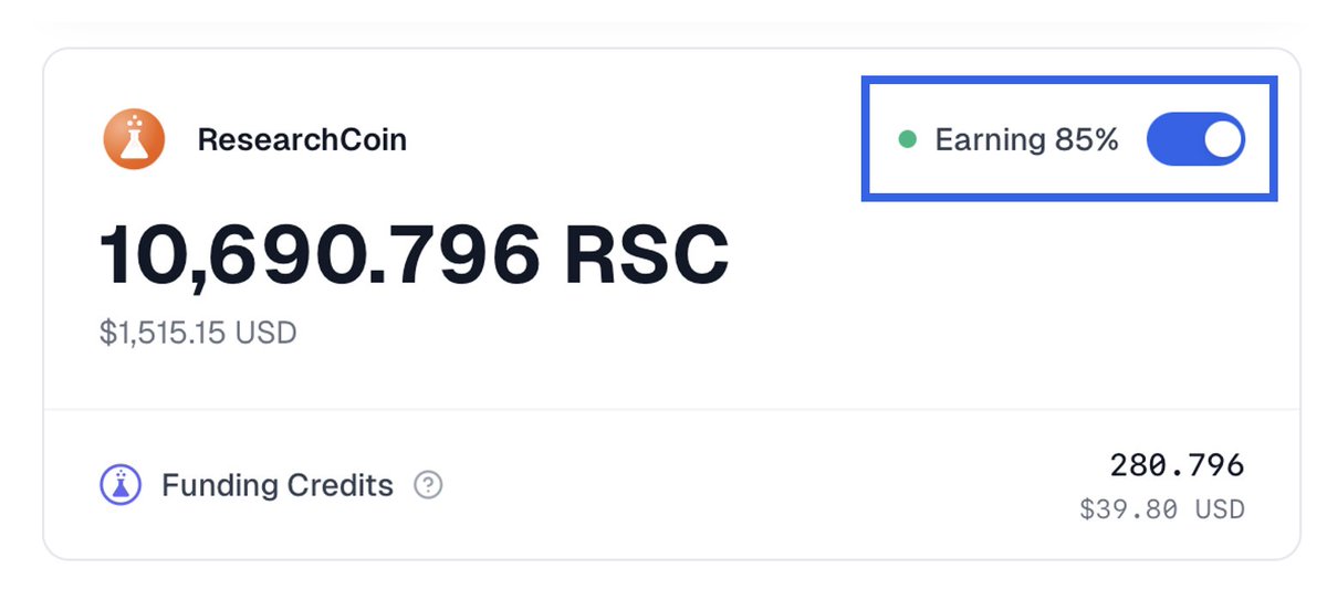 ResearchHub's tweet photo. Have you noticed that your $RSC balance is growing on ResearchHub?

With our new Endowments feature, the ResearchCoin held in your ResearchHub account automatically earns high-yield Funding Credits every single day.

Today's rate of return: 85% 📈

Funding Credits can only be used to fund research projects on the platform.

Check your balance at https://t.co/Vwt69e2lYc