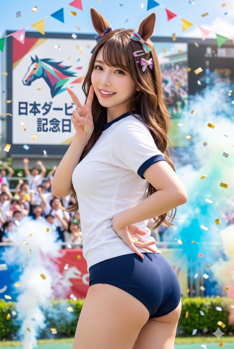 mimisan5963's tweet image. おはようございます☀️今日4月24日は
「#日本ダービー記念日」🐎✨
1932年、目黒競馬場で日本初のダービー(東京優駿)が開催されたことを記念する日です！

今年の日本ダービー（5/31）も超楽しみですね〜💕
可愛く応援しちゃいます🏇
#日本ダービー #JRA #東京優駿 #AIグラビア