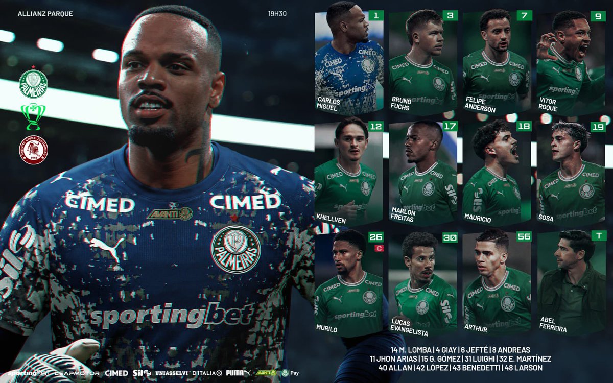 Palmeiras escalado com time modificado e Vitor Roque titular 

Carlos Miguel, Khellven, Fuchs, Murilo e Arthur
Marlon, Evangelista, Felipe Anderson e Maurício
Sosa e Vitor Roque