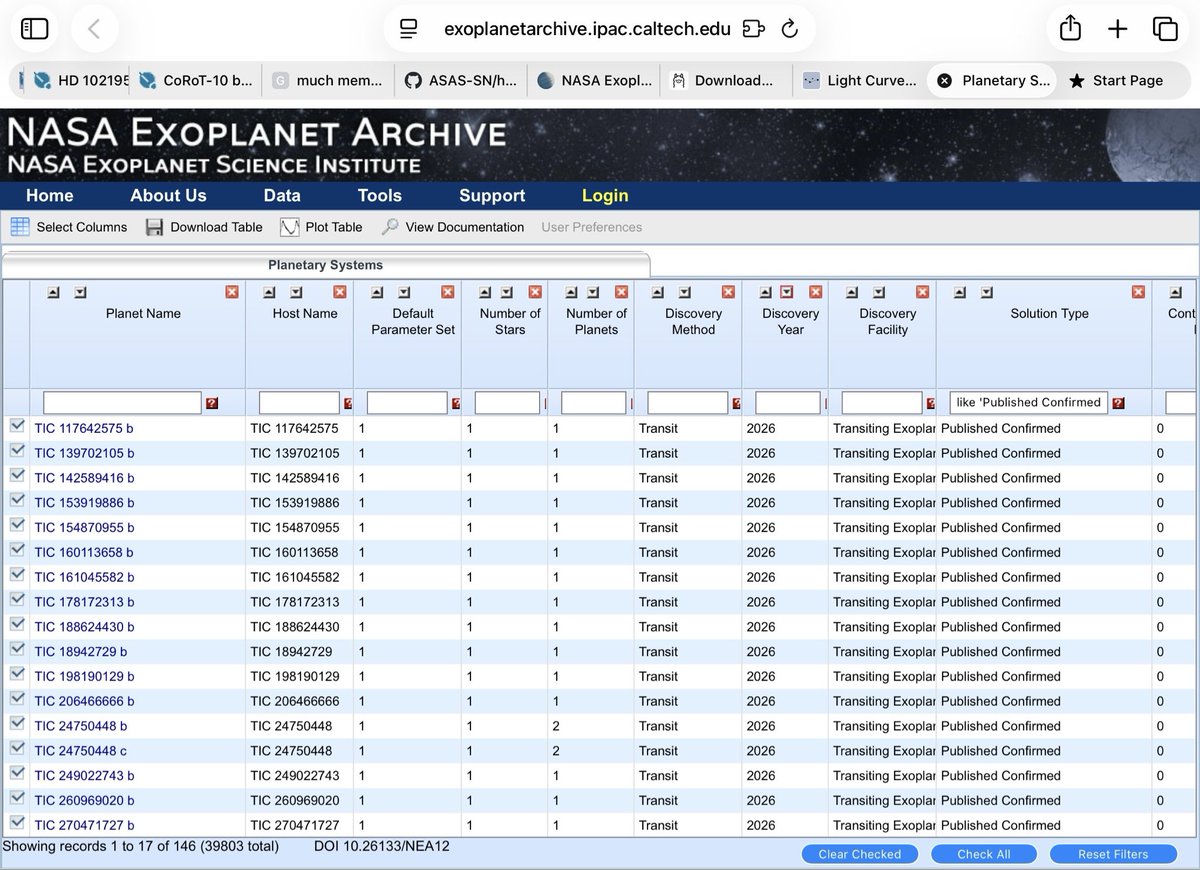 jkarpin2's tweet image. Fetch today's (2026-04-23) newly added confirmed exoplanet names
from the NASA Exoplanet Archive TAP interface.
🧐🧐🧐

exoplanetarchive.ipac.caltech.edu/cgi-bin/TblVie…

#astronomy #astronomer #astronomers #Astrophysics #astrophysicist #TESS #Python #exoplanet @claudeai #Claude @ai_anthropic