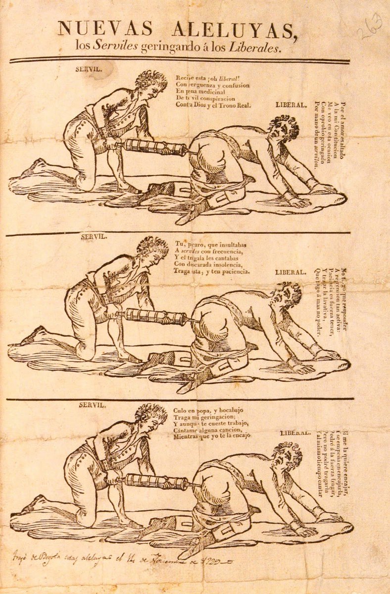 Feloarias's tweet photo. Nuevas Aleluyas (1828), la caricatura política colombiana más antigua que se conoce.

Un servil (bolivariano) domina a un liberal (santanderista) con una lavativa, en medio de las disputas de la Convención de Ocaña.

Satiriza las aleluyas, formato español de poesía popular. https://t.co/LH5Fdgg7r1