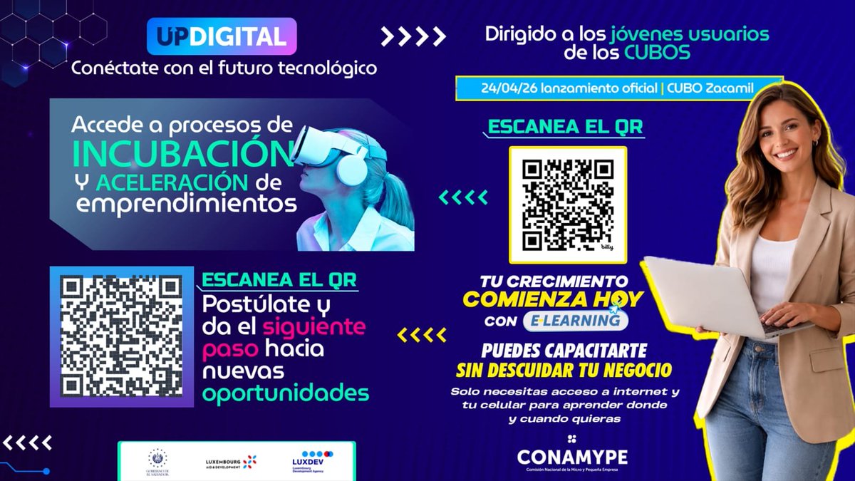 PaulDSteiner's tweet photo. Asiste a tu cubo más cercano y abre las puertas a la oportunidad de desarrollar un emprendimiento digital propio! Mañana, viernes 24 de abril 10AM en el #CuboZacamil
@CONAMYPESV y @TejidoSocialSv
Lanzamiento del programa de emprendimiento digital #UPDigital para jovenes emprendedores a nivel nacional. También ponemos a disposición la oferta del #AulaVirtual de emprendimiento con más de 15 diplomados diseñados para generar conocimiento de gestión empresarial.
