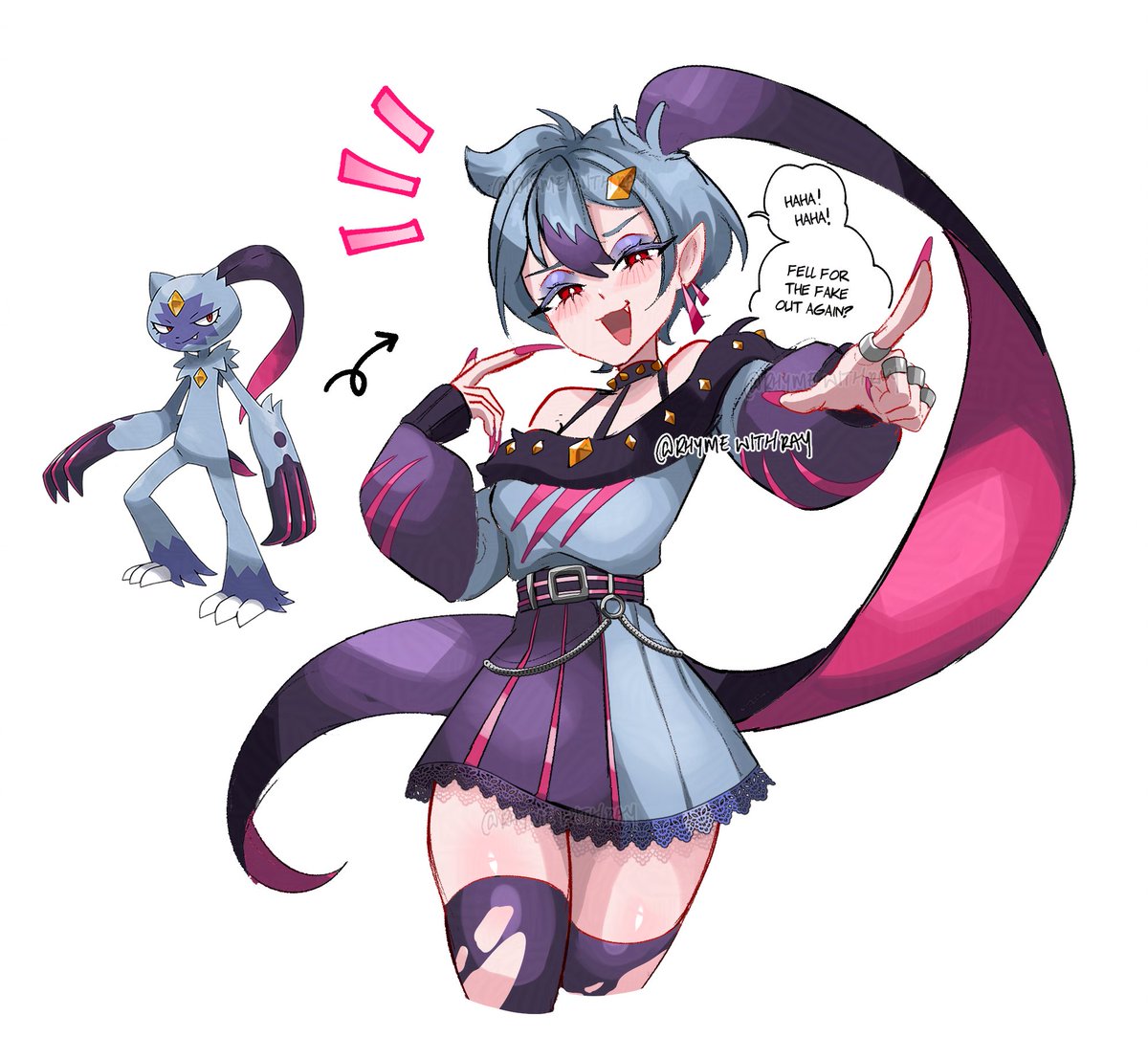 Sneasler bullies Incineroar (but as a cute goth girl)