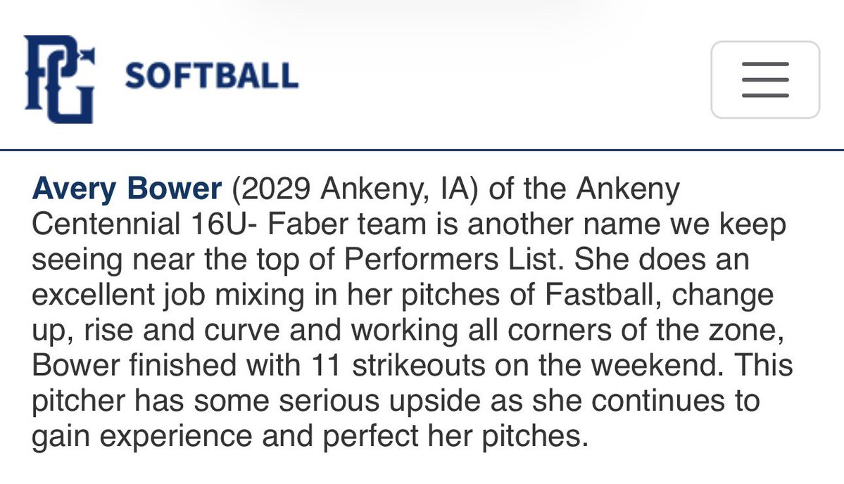 Thank you <a href="/AshleyMears_PG/">Ashley Mears PG Scout</a> and <a href="/PG_Softball/">Perfect Game Softball</a> for the scout note! Grateful for the opportunity and feedback, excited to keep working. State this weekend!

<a href="/ACHSJagSB/">Jaguar Softball</a> <a href="/DrakeSoftball/">Drake Softball</a> <a href="/MoStateSoftball/">Missouri State Softball</a> <a href="/iowasoftball/">Iowa Softball</a> <a href="/CycloneSB/">Iowa State Softball</a> <a href="/BTDelaney/">B Delaney</a>