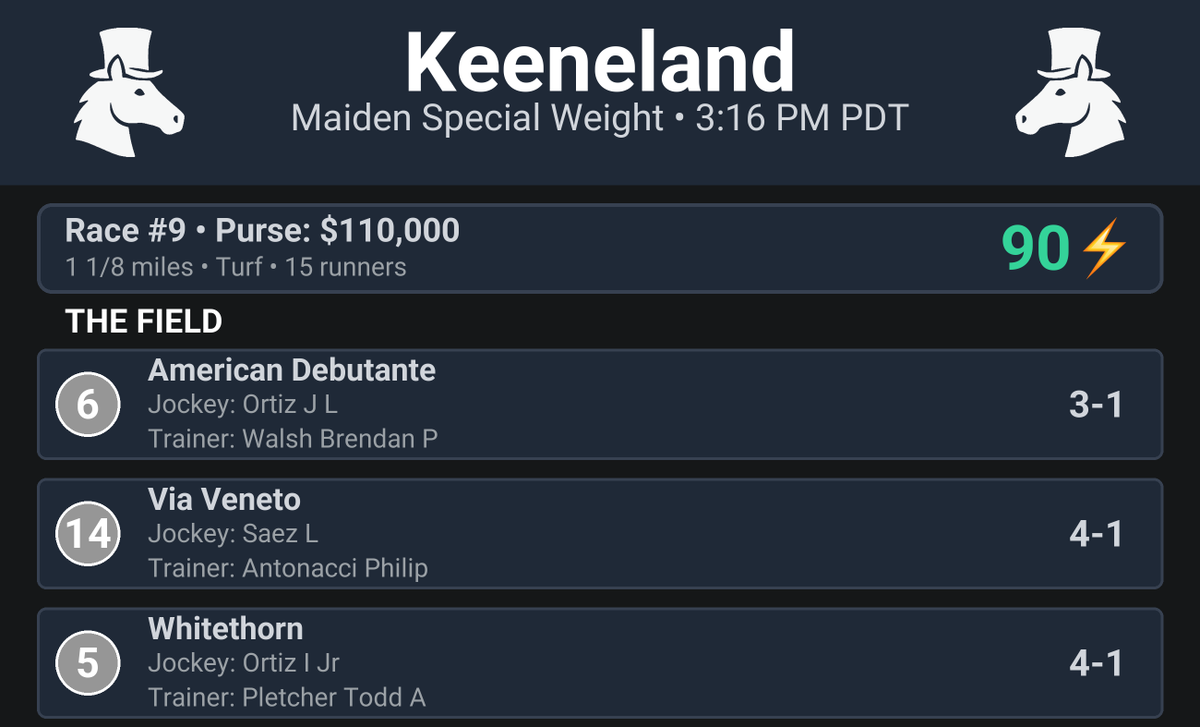CapperRacing's tweet photo. 🏇 Race Alert!

Keeneland Race #9
Maiden Special Weight

📍 Post Time: 3:16 PM MST
⚡️ Thrill Score: 90⚡️

#HorseRacing #Keeneland #Racing https://t.co/TcvrxVcbN3