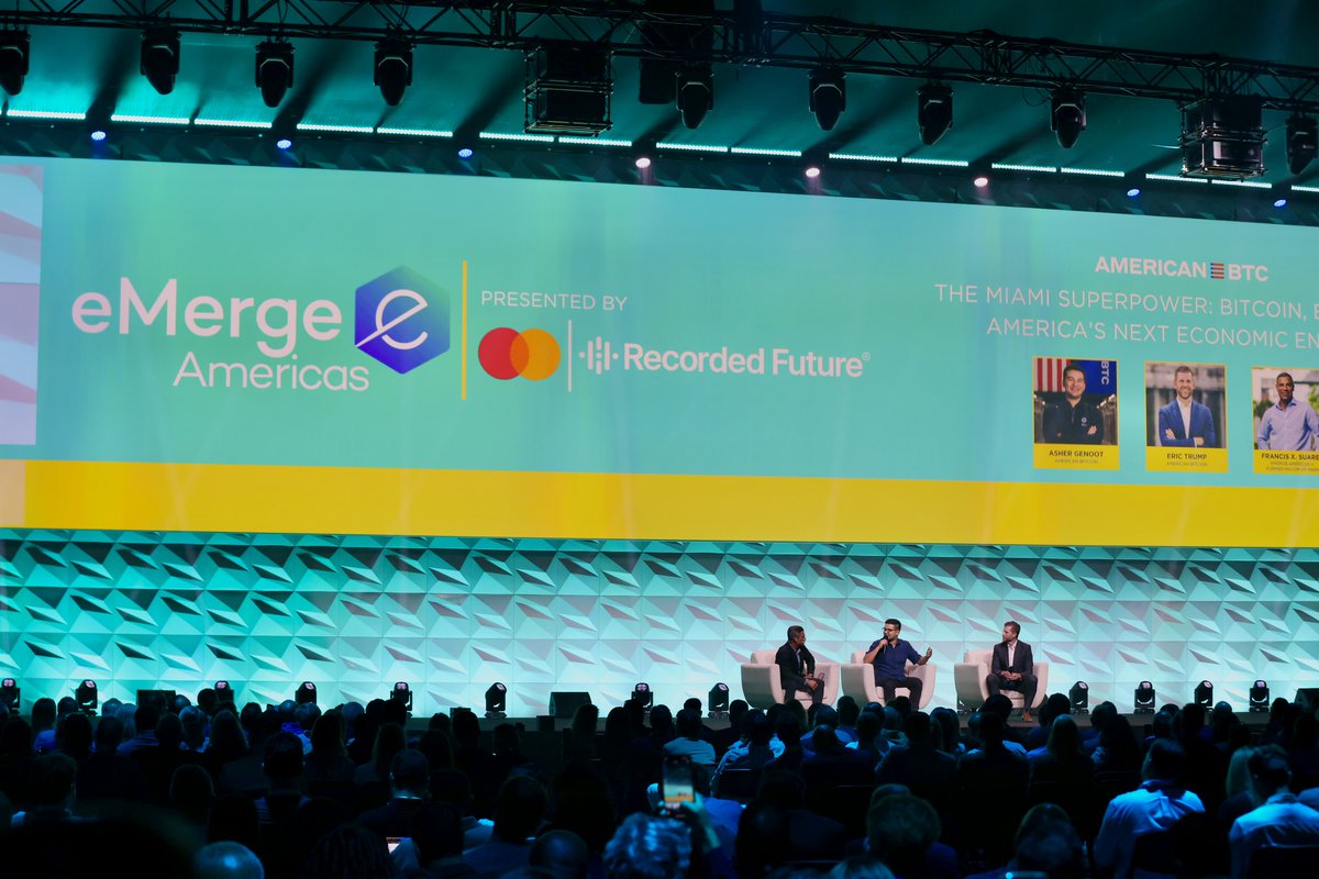 eMergeAmericas's tweet image. Miami continues to solidify its role as a global epicenter for digital asset #innovation 🚀⚡️ 

In the closing keynote, @EricTrump and @ashergenoot (@ABTC) joined @FrancisSuarez to examine how #Bitcoin, energy infrastructure, and policy alignment are converging to power the next