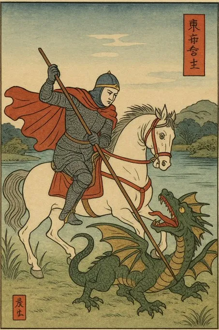 BlackNinjaBob's tweet image. 🏴󠁧󠁢󠁥󠁮󠁧󠁿St George and the Dragon🏴󠁧󠁢󠁥󠁮󠁧󠁿
 (in the #ukiyoe style of Hiroshige)