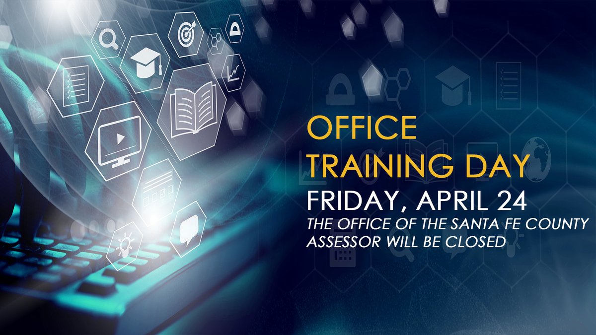 SFCAssessor's tweet photo. 📢 NOTICE: Office Closure 📢

The Office of the Santa Fe County Assessor will be closed this Friday, April 24th, for an internal office training day.

We will resume regular operations on Monday, April 27th.

Thank you for your understanding!
#officetrainingday #itsyouwevalue https://t.co/zN3gYW6MeH