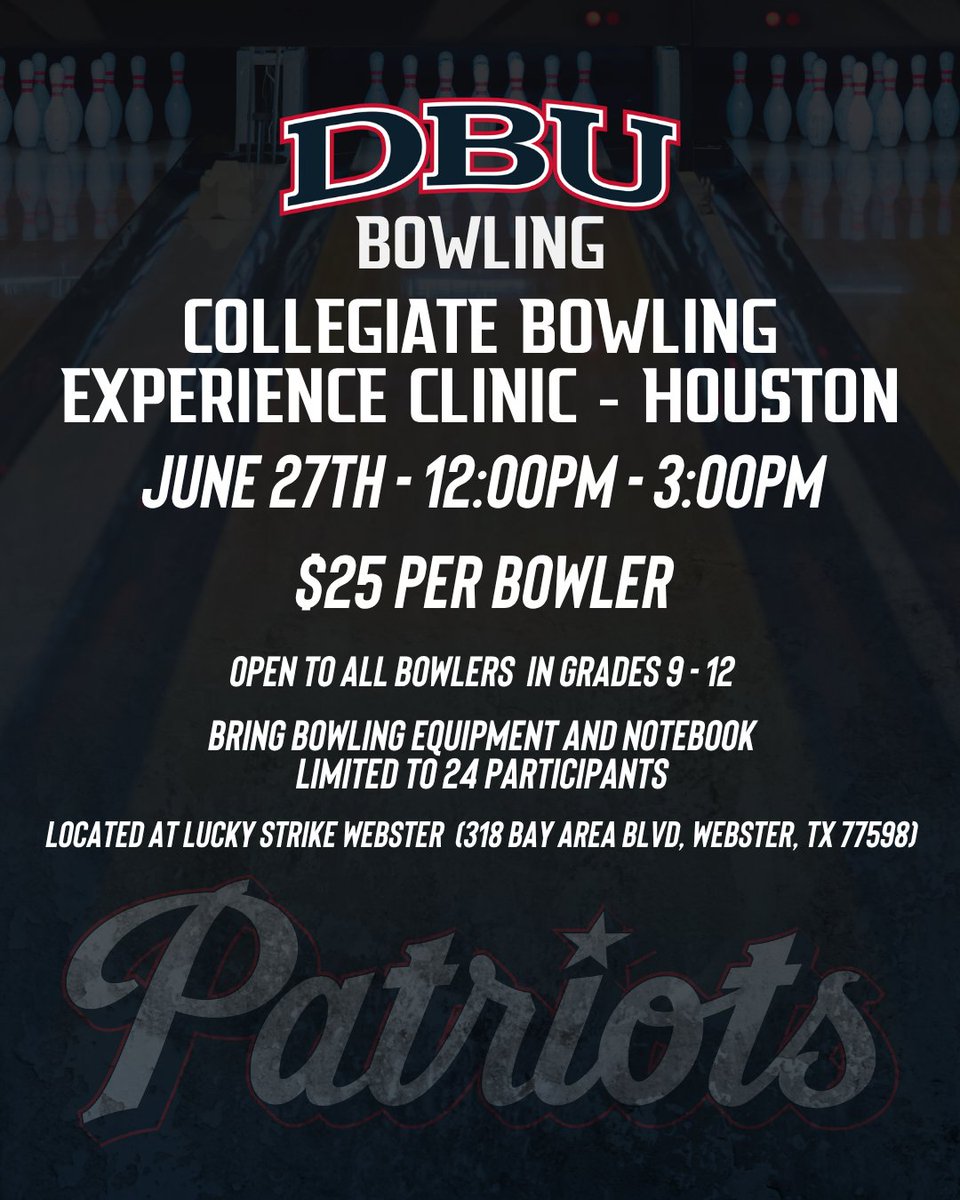 H-TOWN!!! 🚀 We are coming back!

We will be in Houston on June 27th for our College Experience Clinic!

This clinic is limited to 24 participants. Contact Roxy Casas to Register (bowlingcoachcasas@gmail.com).