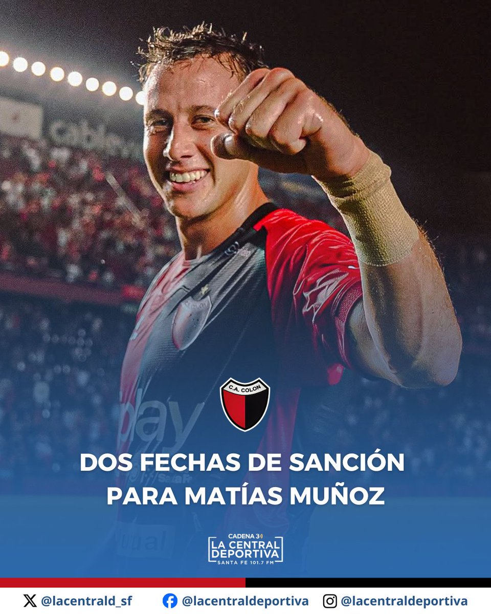 🔴⚫️ #Colón || 👉🏻 El tribunal de disciplina de AFA dió a conocer la sanción a Matías Muñoz tras la expulsión ante Deportivo Morón.

❌️ Le otorgaron 2 fechas de suspensión, por lo que el mediocampista Sabalero se perderá el encuentro ante Godoy Cruz y Los Andes.

<a href="/Cadena3Com/">Cadena 3 Argentina</a>