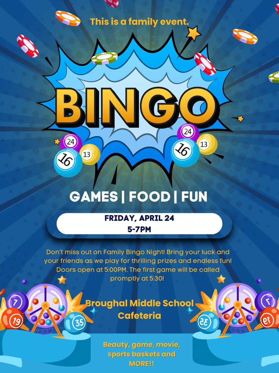 BASDBroughalMS's tweet photo. Just a reminder that all Broughal Families are invited to the Student Lighthouse Bingo Fundraiser, Tomorrow, Friday the 24th from 5-7 PM (first call at 5:30). $10 for 10 rounds! We will also be selling snacks and drinks. Check out the prizes here: https://t.co/B4N7np7ua5 https://t.co/8a6uPNBrMn
