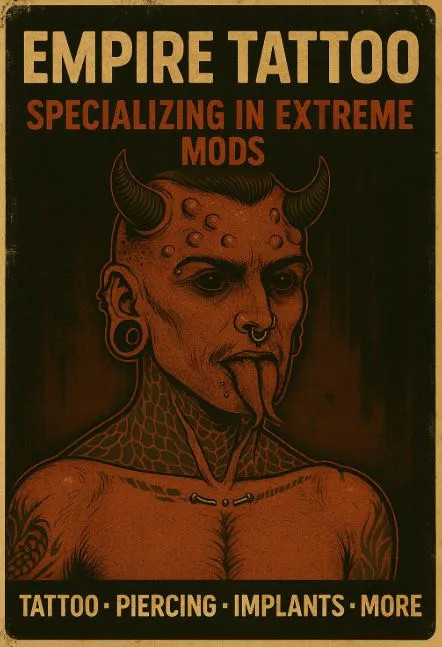 CrackDen's tweet image. 🖤⚡ EMPIRE TATTOO ⚡🖤

Extreme mods are our specialty and your transformation awaits.

💉 Bold ink
🔗 Precision piercings
⚡ Implants &amp;amp; next-level mods

Dare to evolve. 

#SecondLife #CDBackwaters #Roleplay #Metaverse