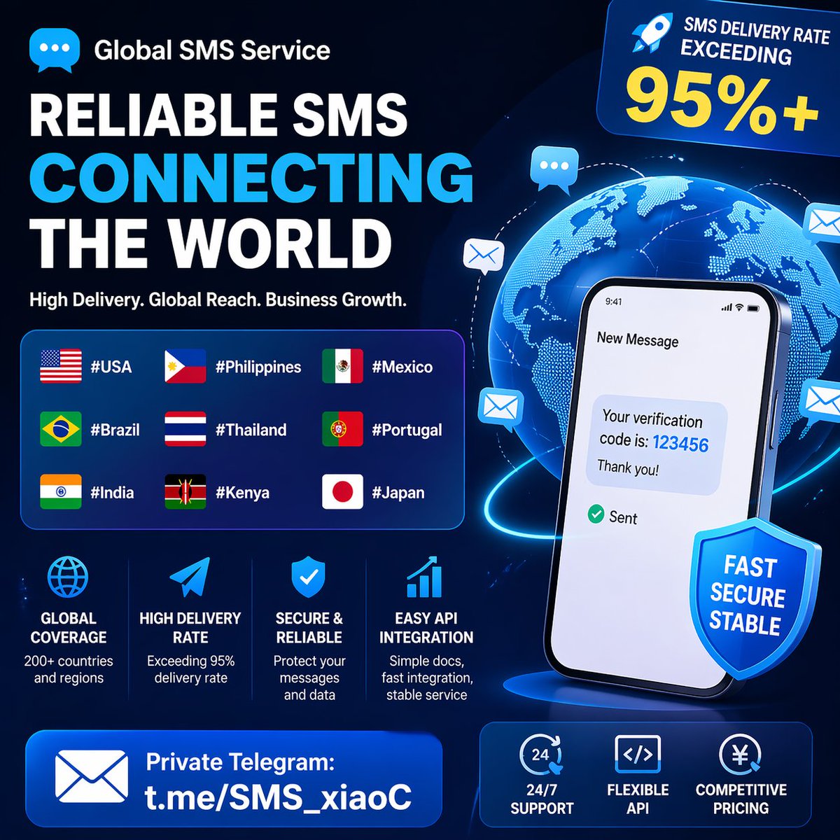 bych650789's tweet image. 🚀SMS delivery rate exceeding 95%
🇺🇸 #USA        🇵🇭 #Philippines      🇲🇽 #Mexico
🇧🇷 #Brazil      🇹🇭 #Thailand         🇵🇹 #Portugal
🇮🇳 #India        🇰🇪 #Kenya             🇯🇵 #Japan
📩 Private Telegram: t.me/SMS_xiaoC