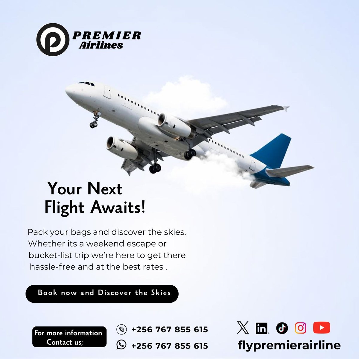 flypremierug's tweet photo. ✈️ Ready for a change of scenery?
With Premier Airlines, every journey is built around comfort, reliability, and value. Whether you're chasing sunsets, handling business, or reconnecting with loved ones, we make every trip smooth from start to finish. 🌍
Enjoy friendly service, seamless travel, and fares that make sense.
Your seat is waiting secure it today.
📞 +256 767 855 615
#FlyPremier #UOXDecides #ExploreMore #DiscoverTheSkies