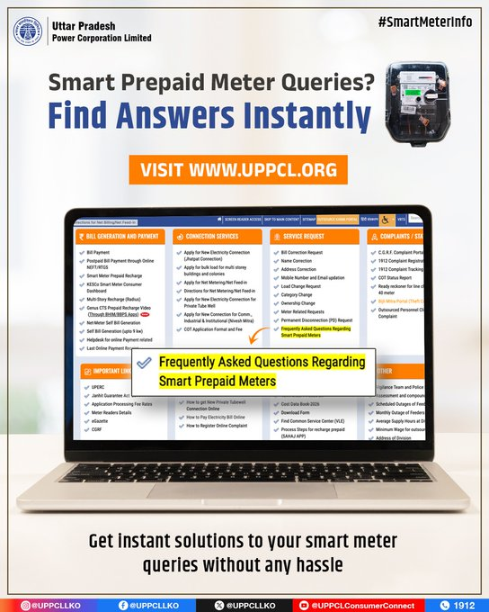 puvvnlvaranasi's tweet image. #SmartMeterInfo #FAQs #StayInformed           
Have doubts about your smart prepaid meter? Get all your answers quickly through the FAQ section on the UPPCL website.  
@aksharmaBharat
@ChairmanUppcl
@UPPCLLKO
@PuVVNLHQ