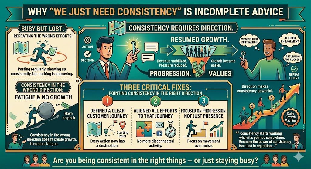 sfmventures's tweet photo. Why “we just need consistency” is incomplete advice

“We just need to be more consistent.”

I hear this all the time.

And it sounds right.

But here’s the problem:
Consistency in the wrong direction doesn’t create growth.

It creates fatigue. https://t.co/qXu827gHoS