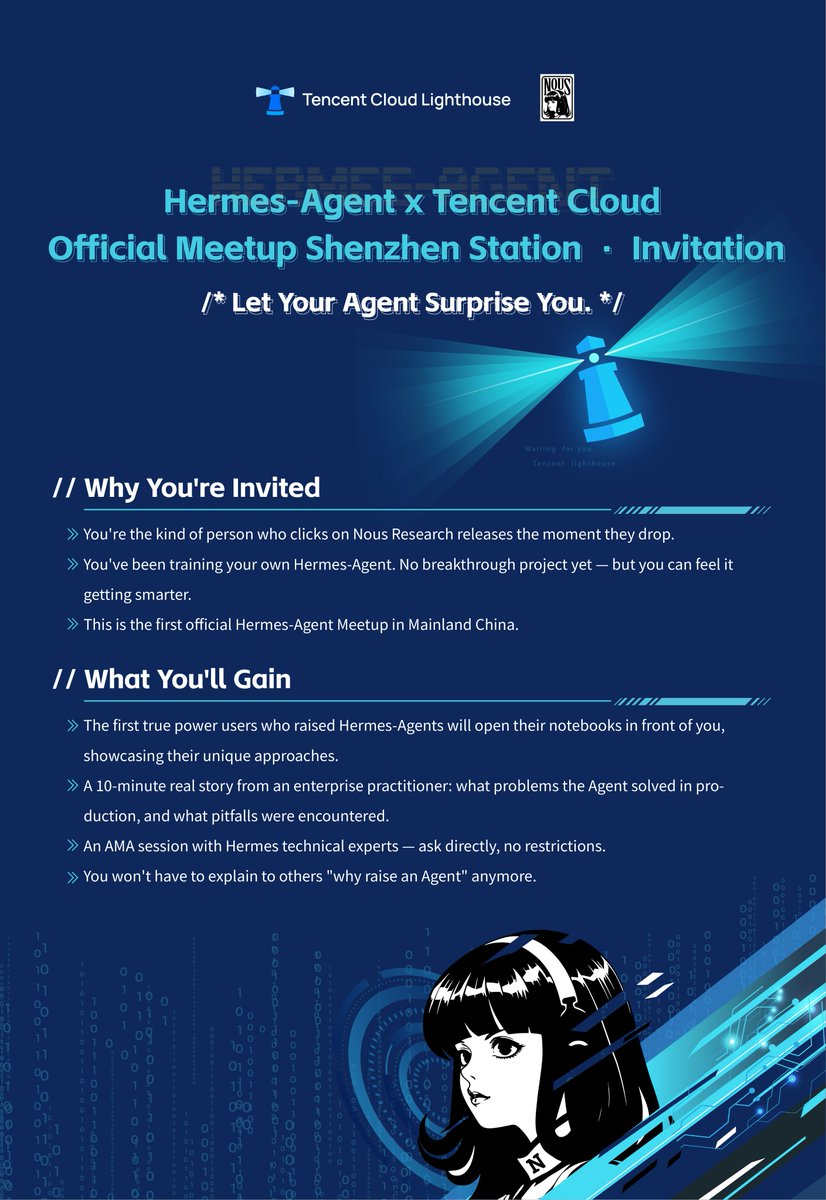 TencentCompute's tweet photo. 1 Day to go! 🔥  

Hermes Agent x Tencent Cloud Lighthouse Meetup | Shenzhen  

📍 OCT-LOFT · Shenzhen 
📅 April 25 | 19:00-21:00 (GMT+8)  

See you there.

@NousResearch  #HermesAgent https://t.co/48igh5hU0i
