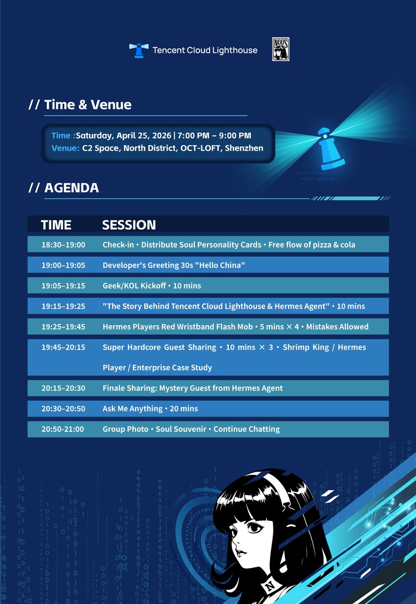 TencentCompute's tweet photo. 1 Day to go! 🔥  

Hermes Agent x Tencent Cloud Lighthouse Meetup | Shenzhen  

📍 OCT-LOFT · Shenzhen 
📅 April 25 | 19:00-21:00 (GMT+8)  

See you there.

@NousResearch  #HermesAgent https://t.co/48igh5hU0i