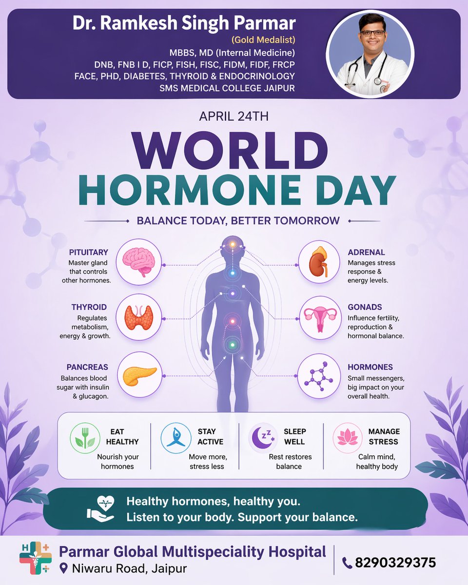 askdrramkesh's tweet image. आज World Hormone Day के मौके पर आइए अपने शरीर के अदृश्य हीरो—हॉर्मोन्स—की अहमियत को समझें lहॉर्मोन्स हमारे मूड, एनर्जी, मेटाबॉलिज्म और ओवरऑल हेल्थ को संतुलित रखने में महत्वपूर्ण भूमिका निभाते हैं।
#WorldHormoneDay #HormoneHealth #HealthyLifestyle #WellnessJourney #MindBodyBalance