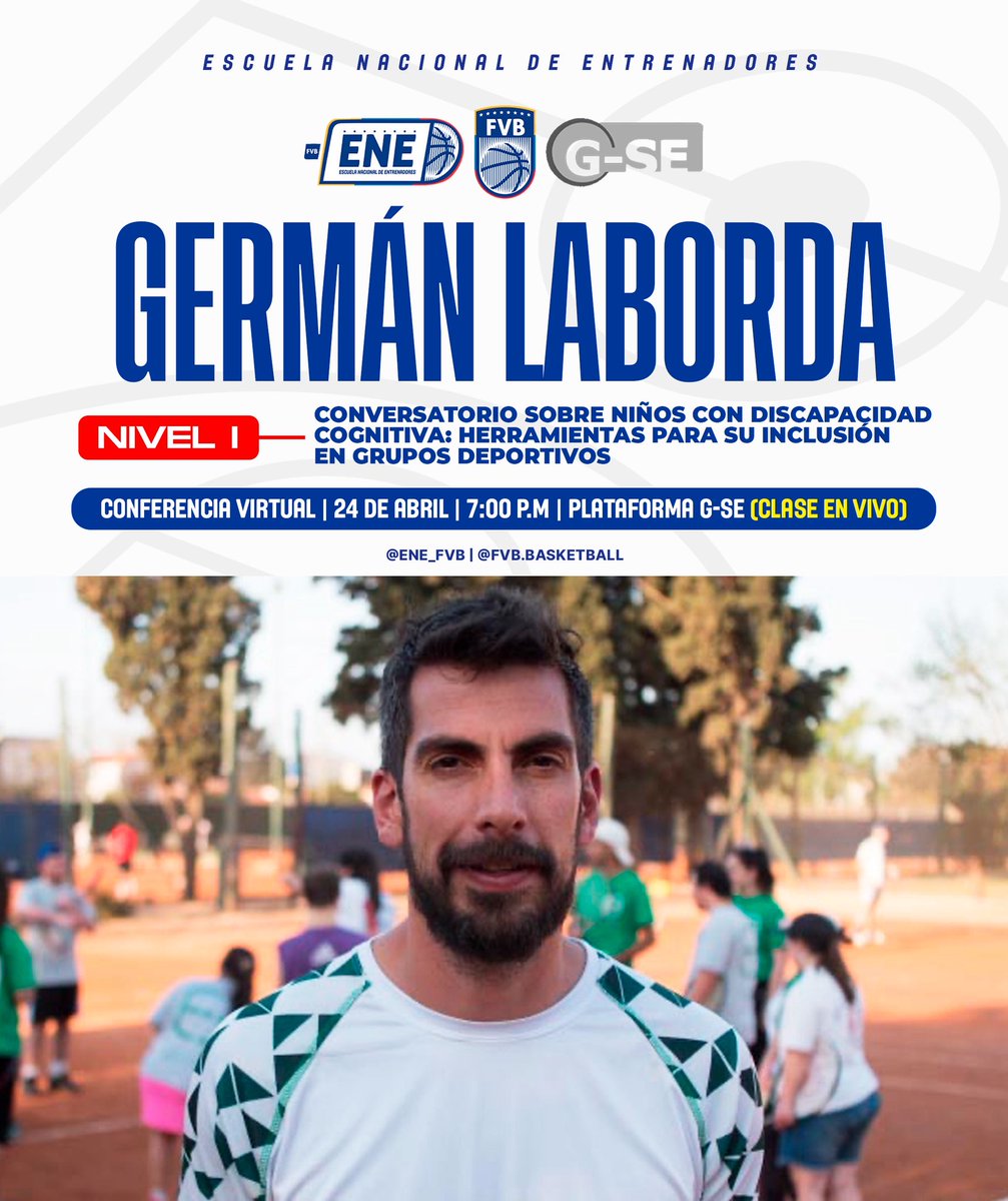 ene_fvb's tweet photo. 🧑🏻‍🏫 La décima clase del nivel I - cohorte 2026 será dictada por el profesor argentino Germán Laborda.

💻 En vivo.
📆 Viernes 24/04.
⏳ 7:00 p. m. 

🏀 Tema: Conversatorio sobre niños con discapacidad cognitiva: herramientas para su inclusión en grupos deportivos.

#ENE https://t.co/xzr5JvNTWH