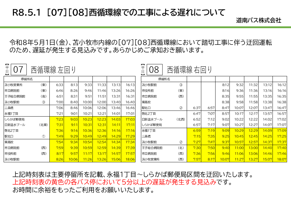 db_serviceinfo's tweet photo. 【R8.5.1 西循環線の遅延見込みについて】
令和8年5月1日（金）苫小牧市内線の[07][08]西循環線において踏切工事に伴う迂回運転のため、遅延が発生する見込みでございます。
お時間に余裕をもったご利用をお願いいたします。 https://t.co/Lefi8tlbZV