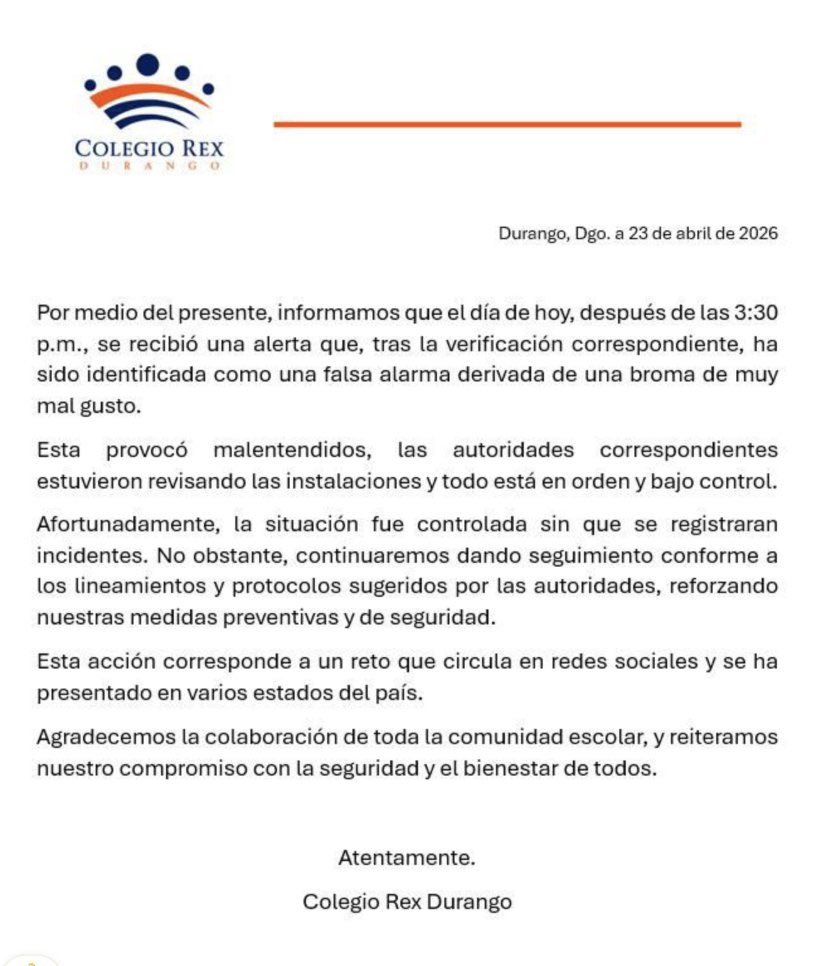 ClaudioMercadoR's tweet image. Amenaza de la colocación de un artefacto explosivo al interior del Colegio Rex en #Durango capital, provocó la movilización de corporaciones de seguridad. Al final, se trato de una falsa alarma.
De @Luis_TV10