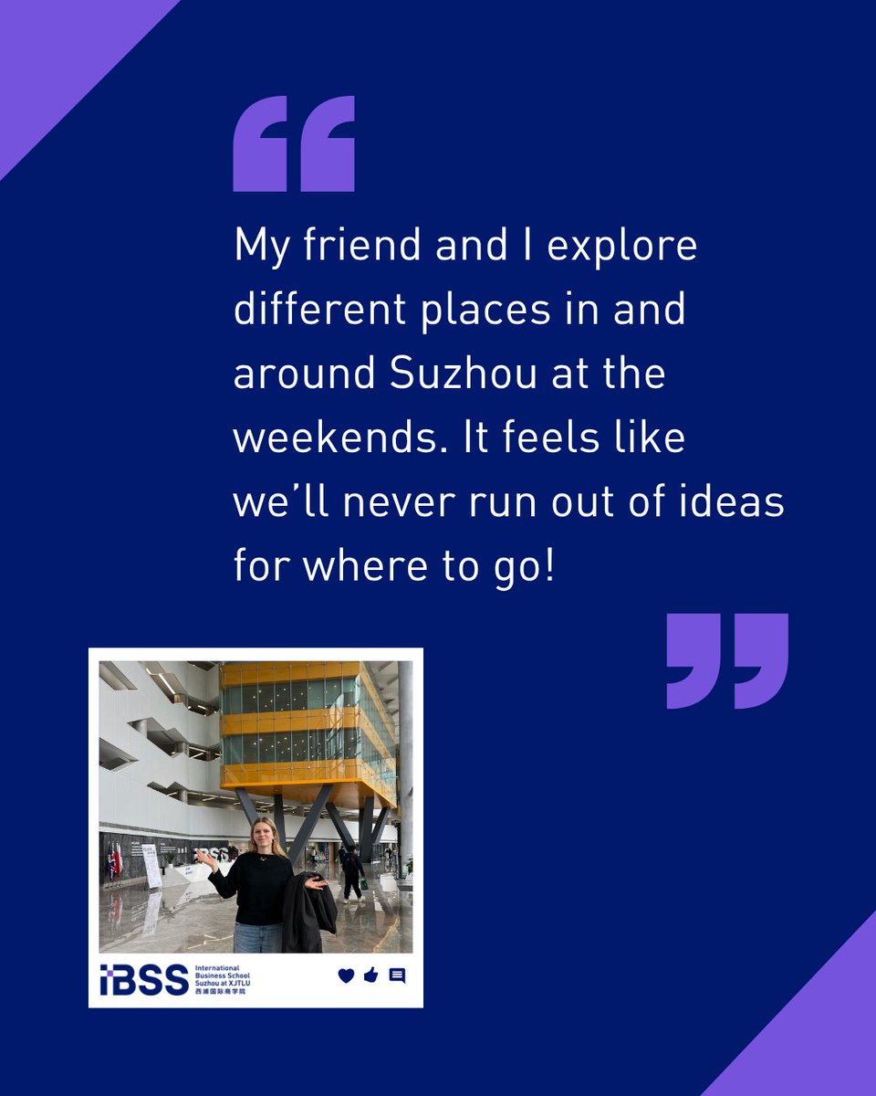 IBSS_XJTLU's tweet photo. From Latvia to Suzhou, Tina Kalnina is spending a term at IBSS at @XJTLU on exchange from Artevelde University of Applied Sciences.🌍
🗨️ “I wanted to broaden my horizons and gain valuable experiences that would enrich my life as well as enhance my CV.”
#IBSS #XJTLU #Exchange https://t.co/99r0Btw3kU