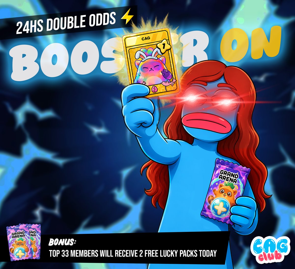 thetickeriscag's tweet photo. CLUB BOOSTERS ACTIVATED! 🔥
🍀 x2 chance for Legendary cards
💸 10% discount on all packs

🎁 BONUS: We’ll be sending 2 Lucky Packs to every club member in the Top 33 today! 

If you were waiting for the right moment to test your luck with packs, this is it! 

🎟 Want to win a Lucky Pack? 👀
- RT this post
- Comment a proof that you are already part of the CAG Club in @Moku_HQ Grand Arena