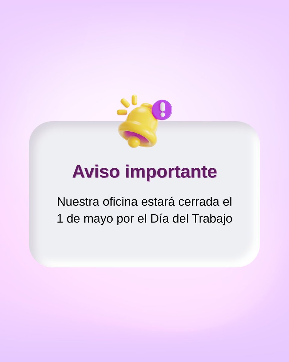 Scala_SV's tweet photo. Aviso importante: nuestras oficinas estarán cerradas el 1 de mayo por el Día del Trabajo.

Retomaremos atención en horario regular el 4 de mayo.

#ScalaConsultores #AvisoImportante #DíaDelTrabajo https://t.co/ZrvXqxwv9F