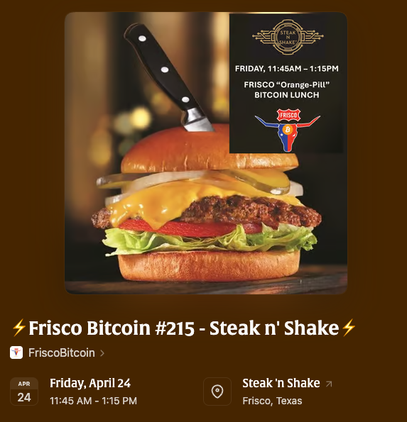 FriscoBitcoin's tweet photo. Tick, Tock, Next Block.  See y'all tomorrow!

⚡️Frisco #Bitcoin Lunch #215⚡️
⏲️Friday (4/24) 11:45am - 1:15pm
🍔 @SteaknShake (Preston Rd/Frisco) https://t.co/Xh0lKRg4HS
