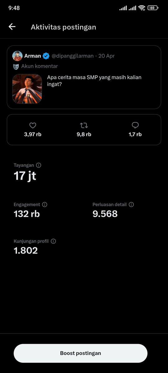 Gimana cara naikin ER kalo dalam 1 postingan 17 jt views. Reply 1.7k, QRT 8K 

ER yg sebelum hit tweeet stabil di 4% semenjak ada 17 jt views dalam 1 postingan berubah jadi 1,1%
