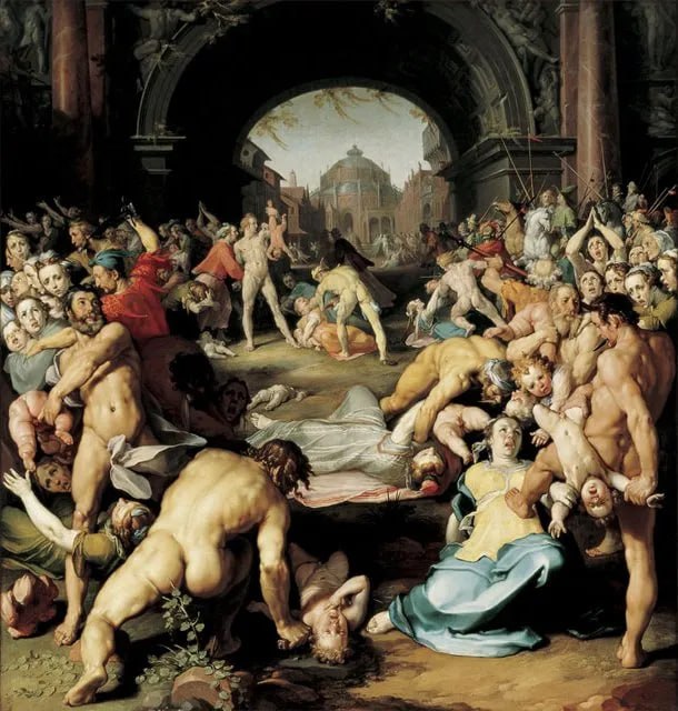 A painting Jeffrey Epstein had reproduced is "The Massacre of the Innocents" by Cornelis van Haarlem, painted in 1591.

It hangs today inside a museum in The Hague. It depicts the biblical scene from the Gospel of Matthew: King Herod's Roman soldiers ripping infant boys from