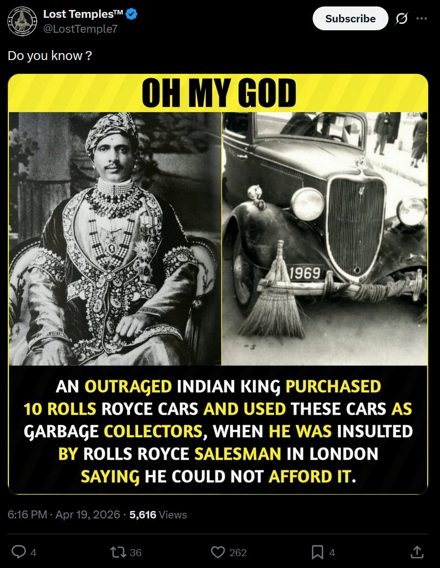 There is no evidence for this story having actually happened, it may have been based on a threat a maharaja once made.
The car on the photo is not a Rolls Royce.
More information here;
fakehistoryhunter.net/2022/06/28/not…