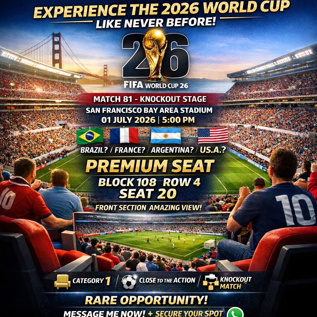 RobertoMQP's tweet photo. Selling tickets #fifa worldcup at the cost, Match 81 San francisco Cat 1 Front seat $2k USD. its Fifa Price no profits at all https://t.co/4HAkpechcS
