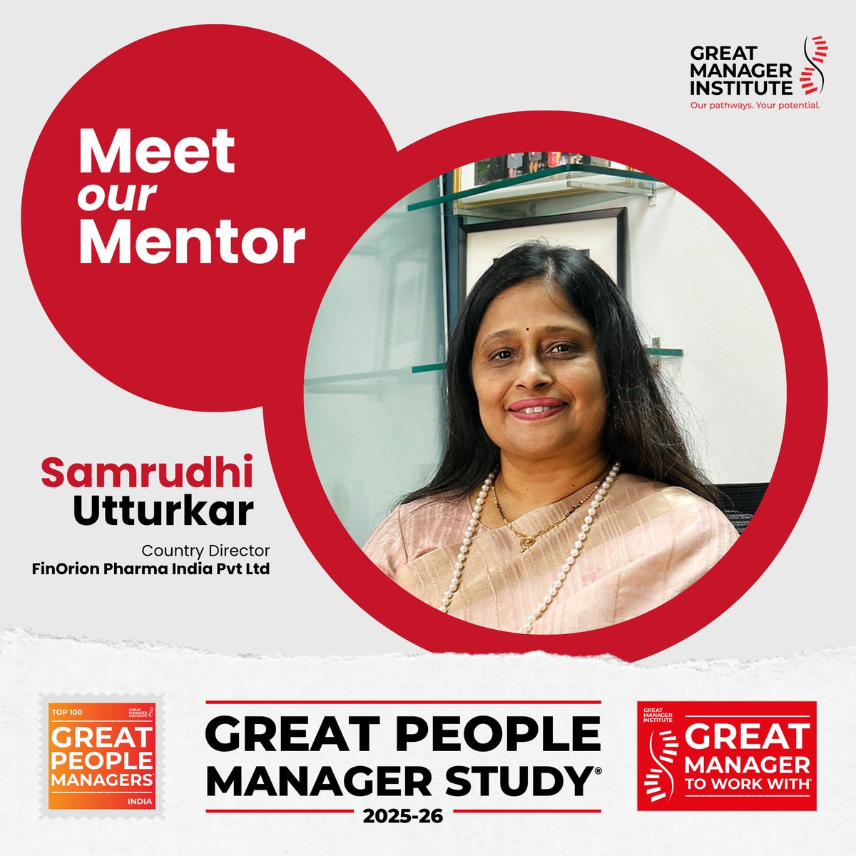 GreatManagerI's tweet image. We are pleased to welcome Samrudhi Utturkar, Country Director, FinOrion Pharma India Pvt. Ltd., as a Mentor for the Great People Manager Study® 2025-26!

#Mentors #GreatPeopleManagerStudy #GreatManagerInstitute #ShapingTheFuture