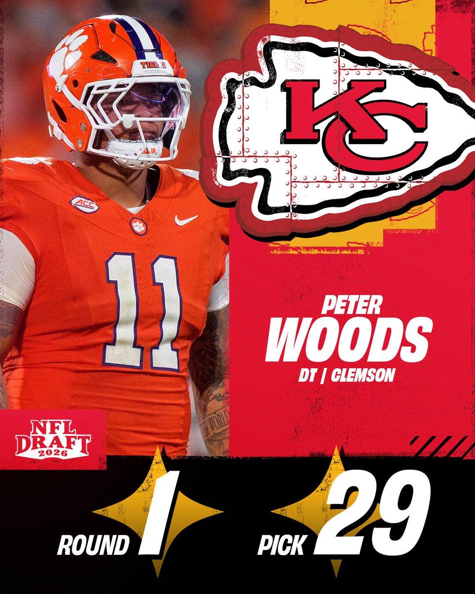 Round 1, Pick 29: <a href="/Chiefs/">Kansas City Chiefs</a> select <a href="/ClemsonFB/">Clemson Football</a> DT Peter Woods! #NFLDraft

nfl.com/prospects/pete…