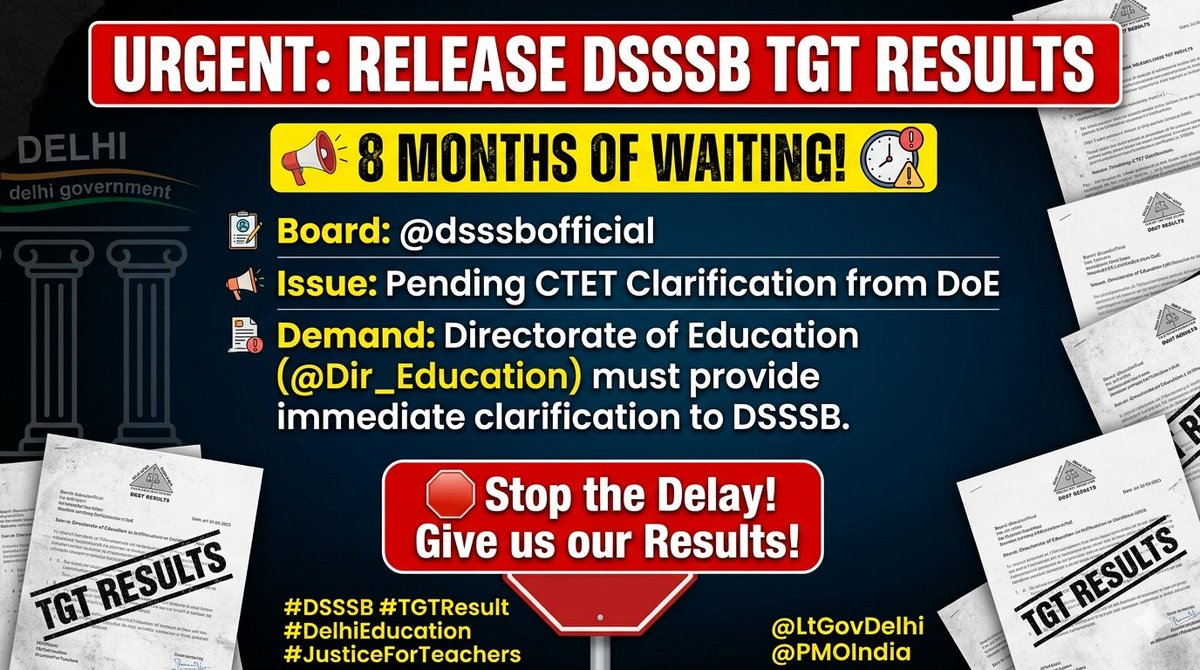 RohitTiwaree7's tweet photo. @Dir_Education DSSSB TGT result still pending for
803/24 exam conducted before 6 months
We request 
@Dir_Education
TGT Maths 
 to provide clarification regarding the consideration of CTET marks at earliest 
@dsssbofficial  can declare the results fast 
@LtGovDelhi
#DSSSB #TGTResult #LtGovDelhi https://t.co/KrsIKIoiEY